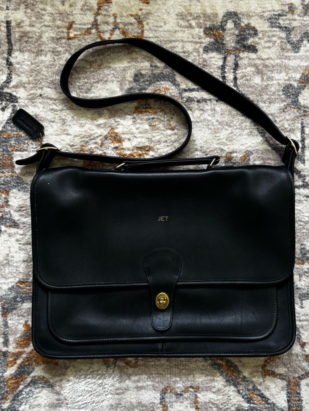 Vintage Coach Black Leather Messenger Bag briefcase with Gold Hardware